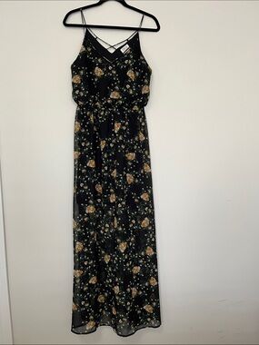 Sienna Sky Women’s Maxi Dress M Floral Straps Stretch Summer Dress Black Flowy
